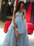 Sweetheart Tulle Blue Prom Dresses With Sweep Train LBQ0632